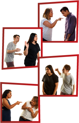 A montage of 4 images. The first is a woman getting angry and pointing at a young man, who is looking down. The second is a man trying to talk to a girl, but she is facing the other way and not listening. The third is a man yelling and raising his hand to a girl who is looking away. The fourth is a woman threatening another woman, who looks scared.