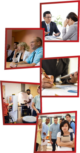 A montage of 5 images. The first is a man and a woman having a meeting at work. The second is a group of staff members having a meeting. The third is a person at work writing something down. The fourth is 3 young people in a kitchen. The fifth is a group of young people laughing and pointing at another girl, who is standing alone.