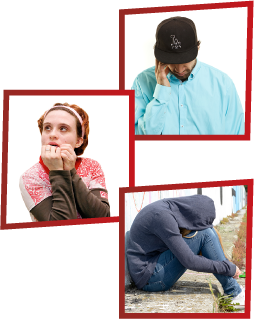 A montage of 3 images. The first is a man looking sad with his hand on his head. The second is a woman looking scared. The third is a woman sitting on the ground with her head on her knees, covering her face