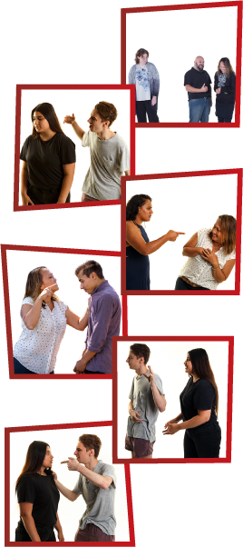 A montage of 6 images. The first is a man and woman standing together and laughing while another woman is standing alone, looking upset. The second is a man yelling and raising his hand to a girl, who is looking away. The third is a woman threatening another woman, who looks scared. The fourth is a woman threatening to hurt a young man. The fifth is a girl trying to talk to a young man, but he isn’t listening. The sixth is a man yelling and pointing at a girl.