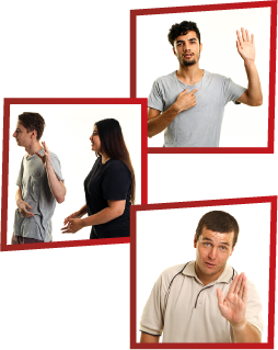 A montage of 3 images. The first is a man with one hand raised and the other pointing at himself. The second is a girl trying to talk to a young man, but he isn’t listening. The third is a man holding a hand out to say stop.