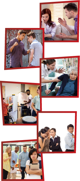 A montage of 6 images. The first is a man getting angry at a woman, who is looking down. The second is a young man with a fist clenched, threatening to hit another man. The third is a support worker looking frustrated and grabbing an older woman by the arm. The fourth is 3 young people in a kitchen together. The fifth is a group of women talking about a man behind his back. The sixth is a group of young people talking and pointing at a girl who looks upset.