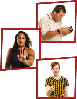 A montage of 3 images. The first is a man looking stressed, looking in his wallet. The second is a woman holding out her hand to say stop. The third is a girl pointing at the camera to say you.