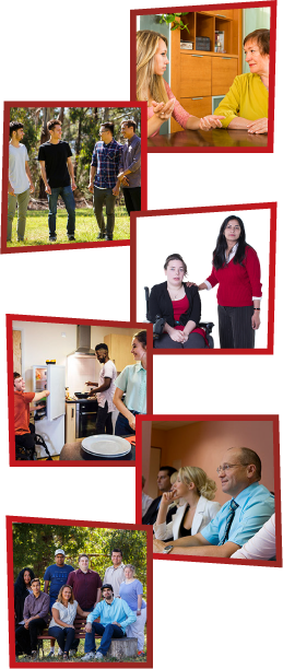 A montage of 6 images. The first is a girl and an older woman sitting together and talking. The second is a group of young men standing together outside and talking. The third is a woman with her hand on the shoulder of another woman in a wheelchair. The fourth is 3 young people in a kitchen. The fifth is a group of staff members having a meeting at work. The sixth is a group of people sitting together outside.