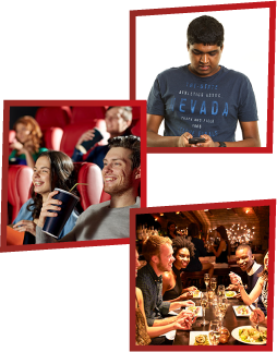 A montage of 3 images. The first is a young man looking at his phone. The second is a man and a woman watching a movie in the cinemas. The third is a group of young people having dinner in a restaurant.