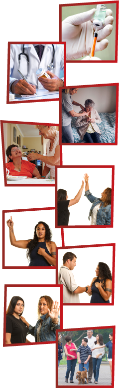 A montage of 9 images. The first is a doctor getting a syringe ready. The second is a doctor writing something down. The third is a support worker helping a woman get dressed. The fourth is a woman helping another woman eat a meal. The fifth is 2 women high-fiving. The sixth is a woman with one hand raised and the other pointing at herself. The seventh is a man and a woman introducing themselves to each other. The eighth is a woman supporting a girl and putting her hand out to say stop. The ninth is a family walking their dog down the street.