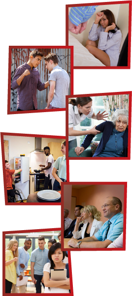 A montage of 6 images. The first is a woman on the ground, shielding herself while a man is clenching his fist in front of her. The second is a man threatening to punch another man. The third is a support worker getting frustrated and grabbing an older woman by the arm. The fourth is 3 young people together in a kitchen. The fifth is a group of staff members having a meeting. The sixth is a group of young people laughing and pointing at another girl, who is standing alone.