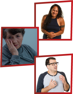 A montage of 3 images. The first is a woman clutching her stomach in pain. The second is an older woman looking sad with her hand on her face. The third is a man who looks scared.