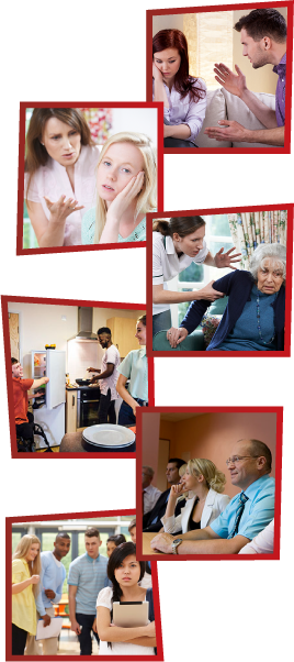 A montage of 6 images. the first is a man getting angry at a woman, who is looking down. The second is a mother yelling at her daughter, who is looking away. The third is a support worker getting frustrated and grabbing an older woman by the arm. The fourth is 3 young people together in a kitchen. The fifth is a group of staff members having a meeting. The sixth is a group of young people laughing and pointing at another girl, who is standing alone.