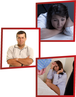 A montage of 3 images. The first is a woman looking sad with her head in her hands. The second is a man frowning with his arms crossed. The third is a woman on the ground, shielding herself while a man clenches his fist in front of her.