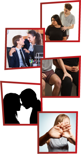 A montage of 5 images. The first is a man putting his hands on a woman’s shoulders, who looks uncomfortable. The second is a woman putting her hands on a male co-worker’s shoulders. The third is a man putting his hand on a woman’s leg. The fourth is an illustration of a man and a woman looking into each other’s eyes. The fifth is a woman shielding her eyes and trying to look away.