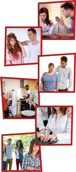 A montage of 6 images. The first is a man yelling at a woman, who is looking down. The second is a man putting his hand on a woman’s head, who looks uncomfortable. The third is a woman and her support worker. The fourth is 3 young people together in a kitchen. The fifth is a man putting his hand on a woman’s shoulder while she is trying to work on a laptop. The sixth is 3 people standing together and talking while another girl is standing alone, looking down.