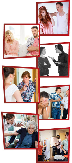 A montage of 9 images. The first is a man putting his hand on a woman's head. She looks uncomfortable. The second is a man and a woman both looking unhappy. The man has his arms crossed and the woman is looking down with her hand on her head. The third is a man arguing and raising his hands at a woman. The fourth is a mother looking frustrated and pointing at her daughter. The fifth is a woman has her head in her hands while 2 men talk behind her. The sixth is a woman looking sad with her arms crossed while 3 people stand behind her. The seventh is a woman looking angry and pointing at another woman. The eighth is a carer getting frustrated and grabbing an older woman by the arm. The ninth is 3 young people together in a kitchen.