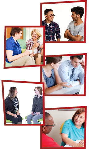 A montage of 5 images. The first is 2 friends talking. The second is 2 women having a cup of tea together. The third is 2 coworkers talking. The fourth is a girl talking to a woman. The fifth is a man talking to a woman, who is writing down what he is saying.