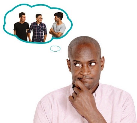 A man in a thinking pose with a thought bubble with his friends in it