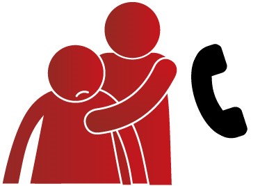 An icon of a person putting their hands on another person who looks uncomfortable. There is a phone icon next to the icons
